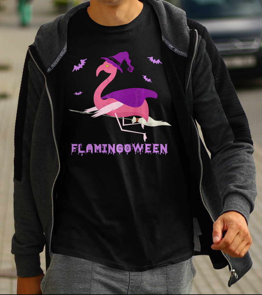 Flamingoween Funny Flamingo Witch With Bats And Broomstick T-Shirt
