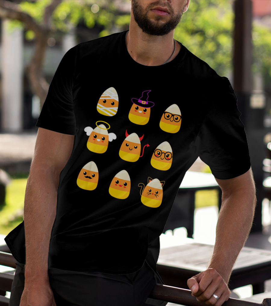 Candy Corn Characters Witch Angel Devil Cat Mummy Nerd Mustache T-Shirt