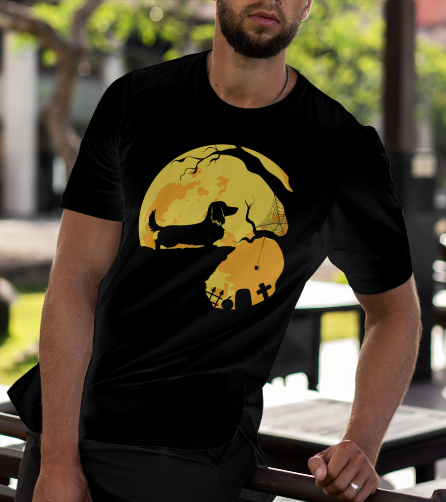 Dachshund Silhouette On Cliff With Full Moon And Halloween Graveyard Scene T-Shirt