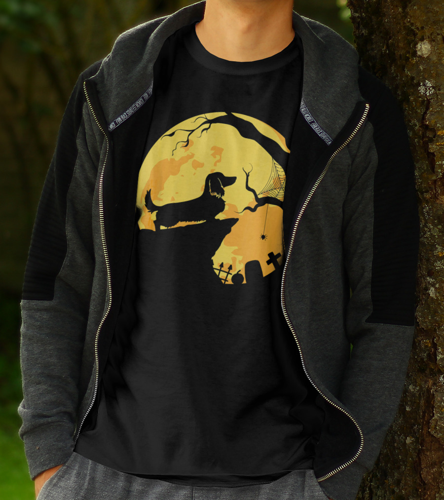Dachshund Silhouette On Cliff With Full Moon And Halloween Graveyard Scene T-Shirt
