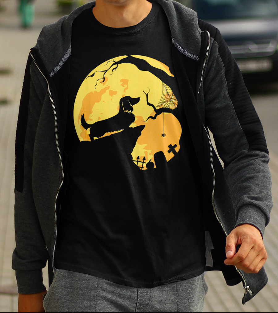 Dachshund Silhouette On Cliff With Full Moon And Halloween Graveyard Scene T-Shirt