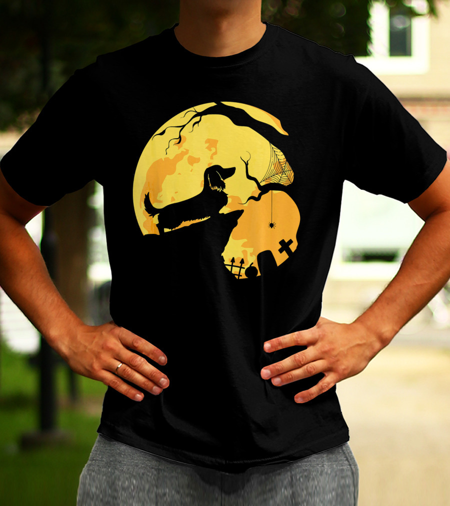 Dachshund Silhouette On Cliff With Full Moon And Halloween Graveyard Scene T-Shirt