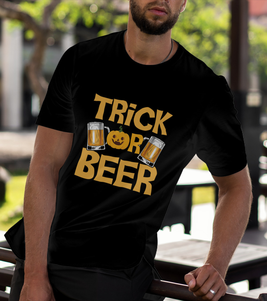 Trick Or Beer Funny Halloween Pumpkin Drinking T-Shirt