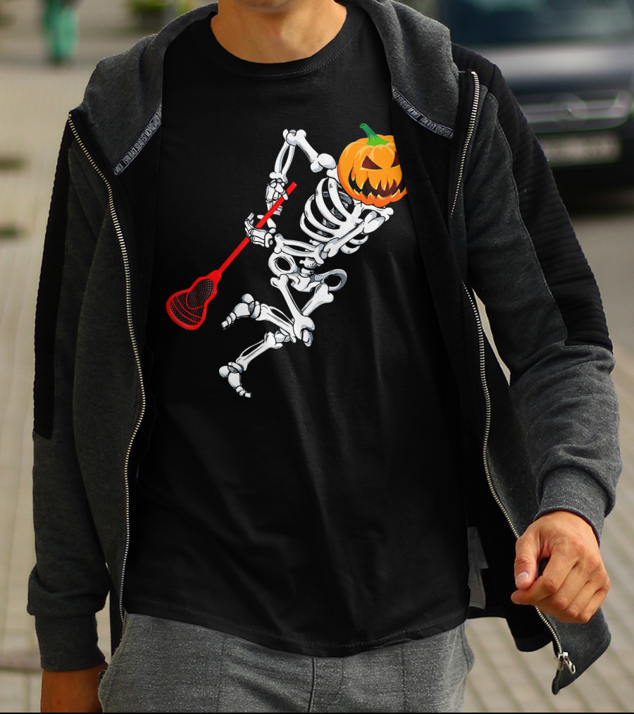 Skeleton Pumpkin Lacrosse Halloween T-Shirt