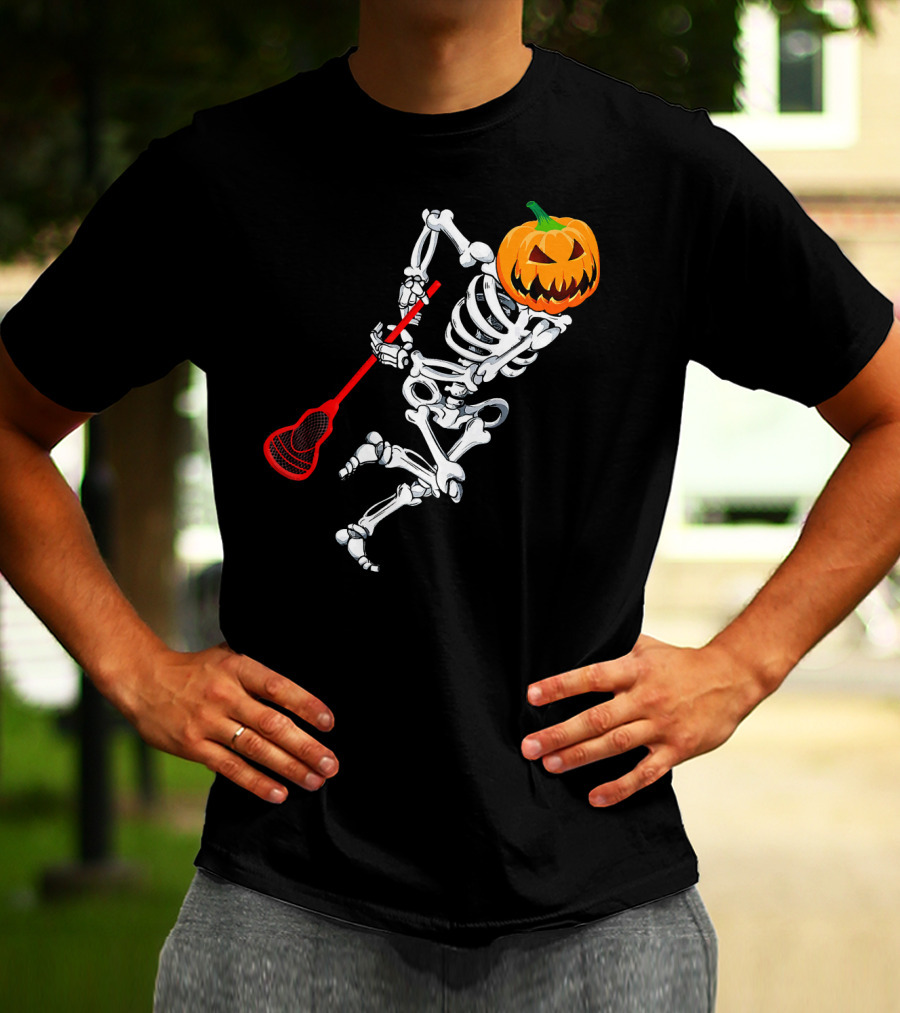 Skeleton Pumpkin Lacrosse Halloween T-Shirt