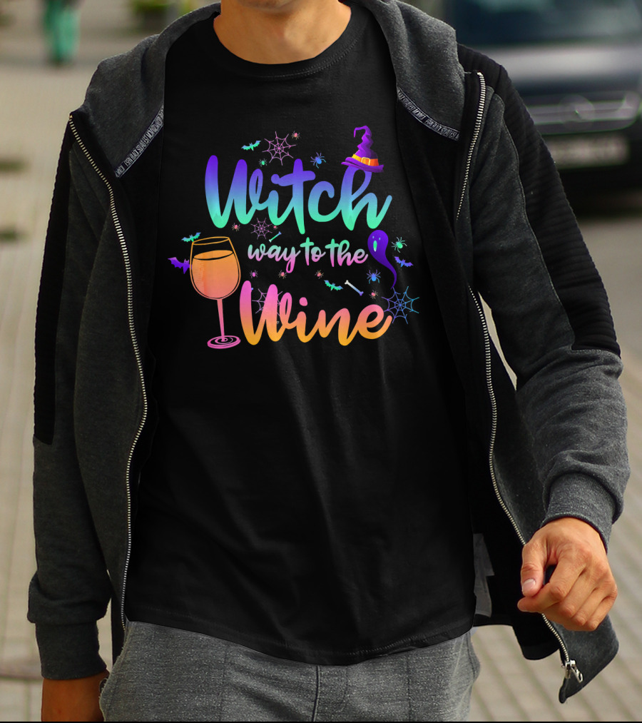 Witch Way To The Wine Halloween Drinking Colorful Witch Hat Wine Glass Spiders Bats T-Shirt