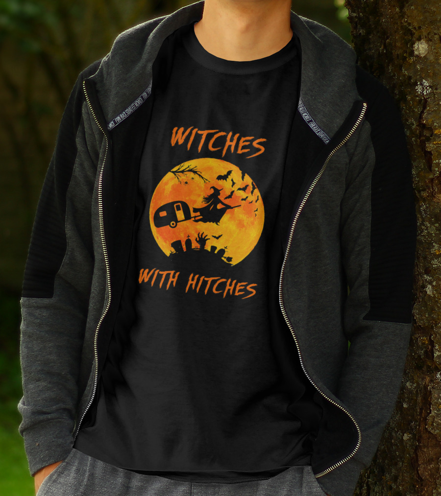 Witches With Hitches Halloween Moon Bats Graveyard Scene T-Shirt