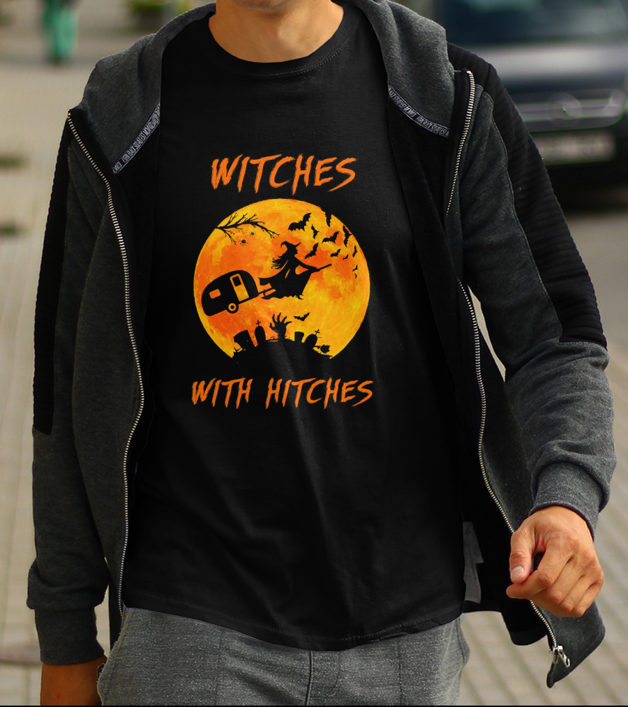 Witches With Hitches Halloween Moon Bats Graveyard Scene T-Shirt