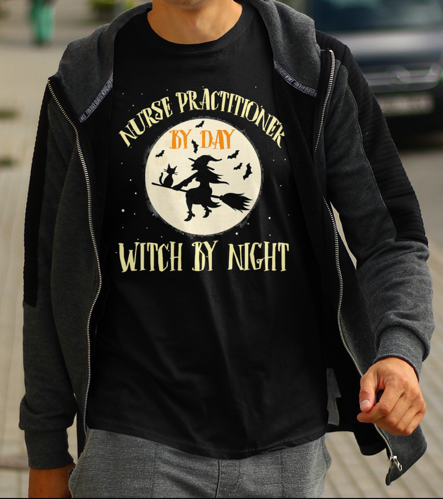 Nurse Practitioner By Day Witch By Night Flying Witch Silhouette Moon Bats T-Shirt