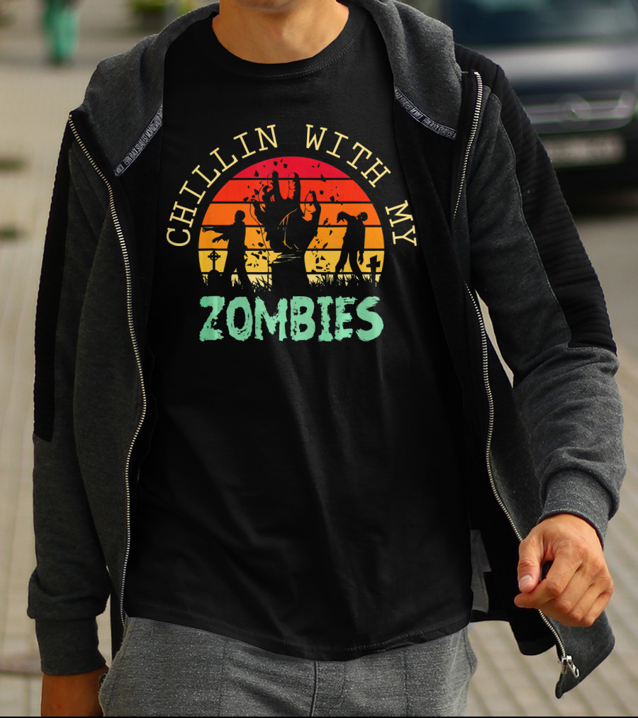 CHILLIN WITH MY ZOMBIES Halloween Zombie Sunset Scene T-Shirt