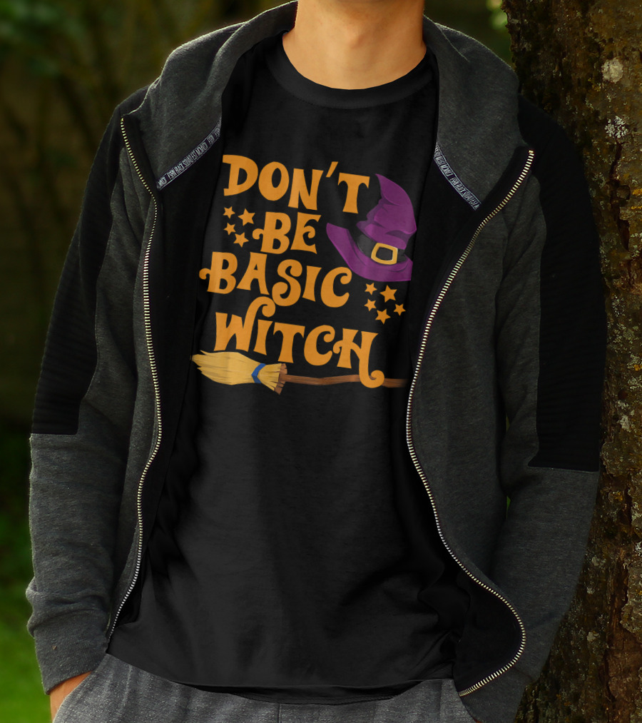 Don't Be Basic Witch Purple Hat Broom Stars T-Shirt