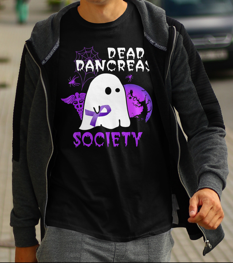 Dead Pancreas Society Ghost With Purple Ribbon Halloween T-Shirt