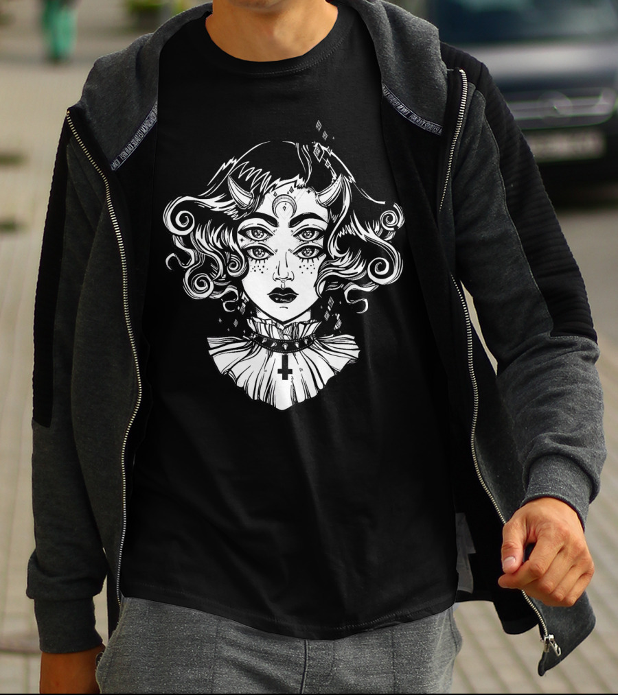 Horned Devil Girl Satanic Occult Triple-Eyed Cross T-Shirt
