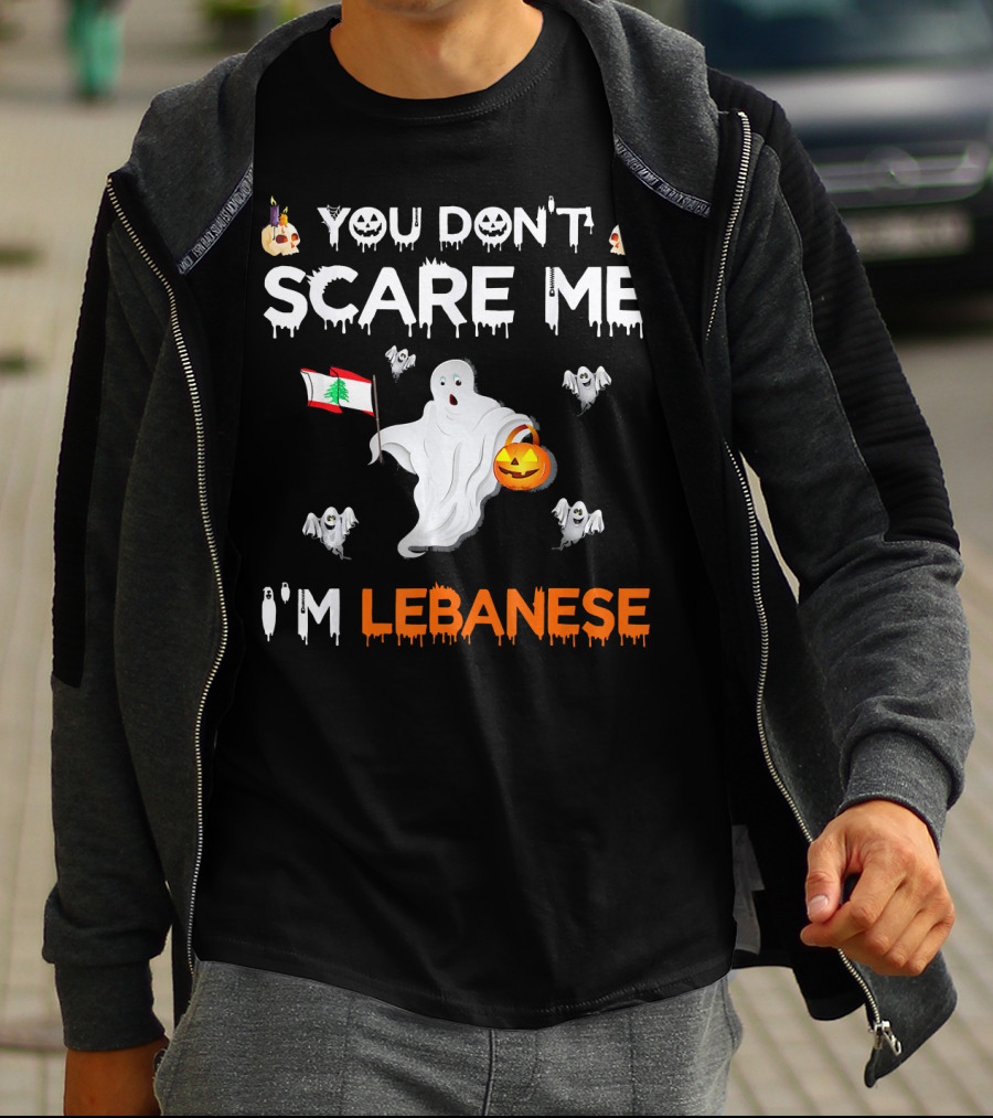 You Don't Scare Me I'm Lebanese Ghost With Lebanese Flag And Pumpkin Halloween T-Shirt