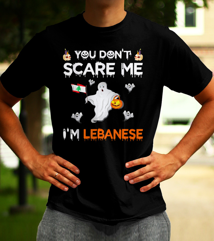 You Don't Scare Me I'm Lebanese Ghost With Lebanese Flag And Pumpkin Halloween T-Shirt