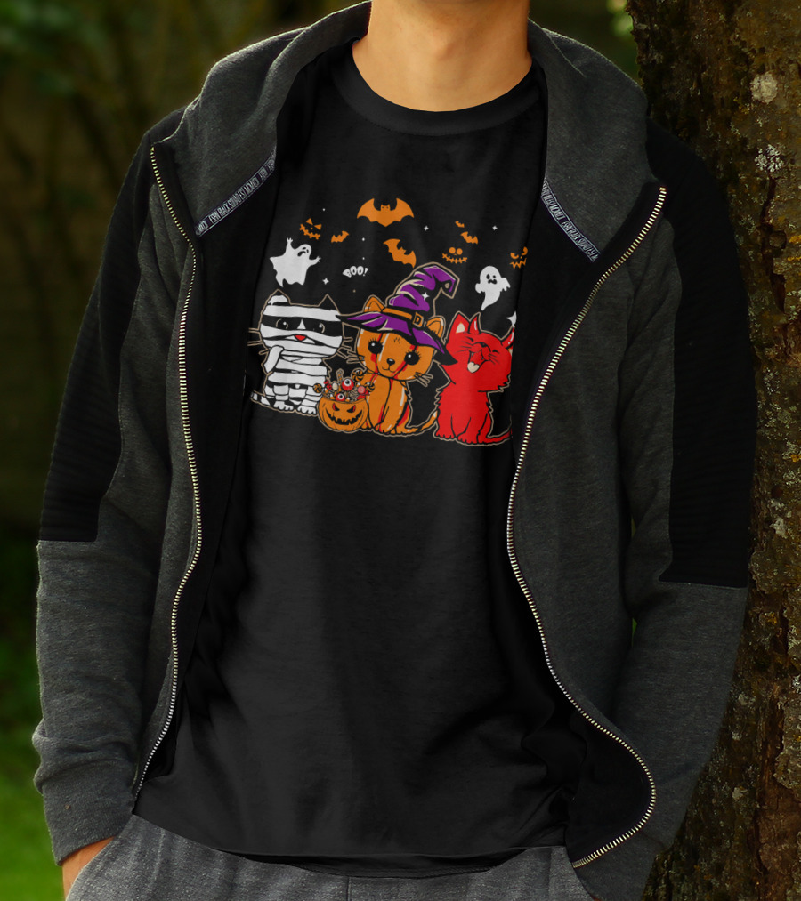 Funny Cat Trio In Halloween Costumes With Ghosts And Pumpkins T-Shirt