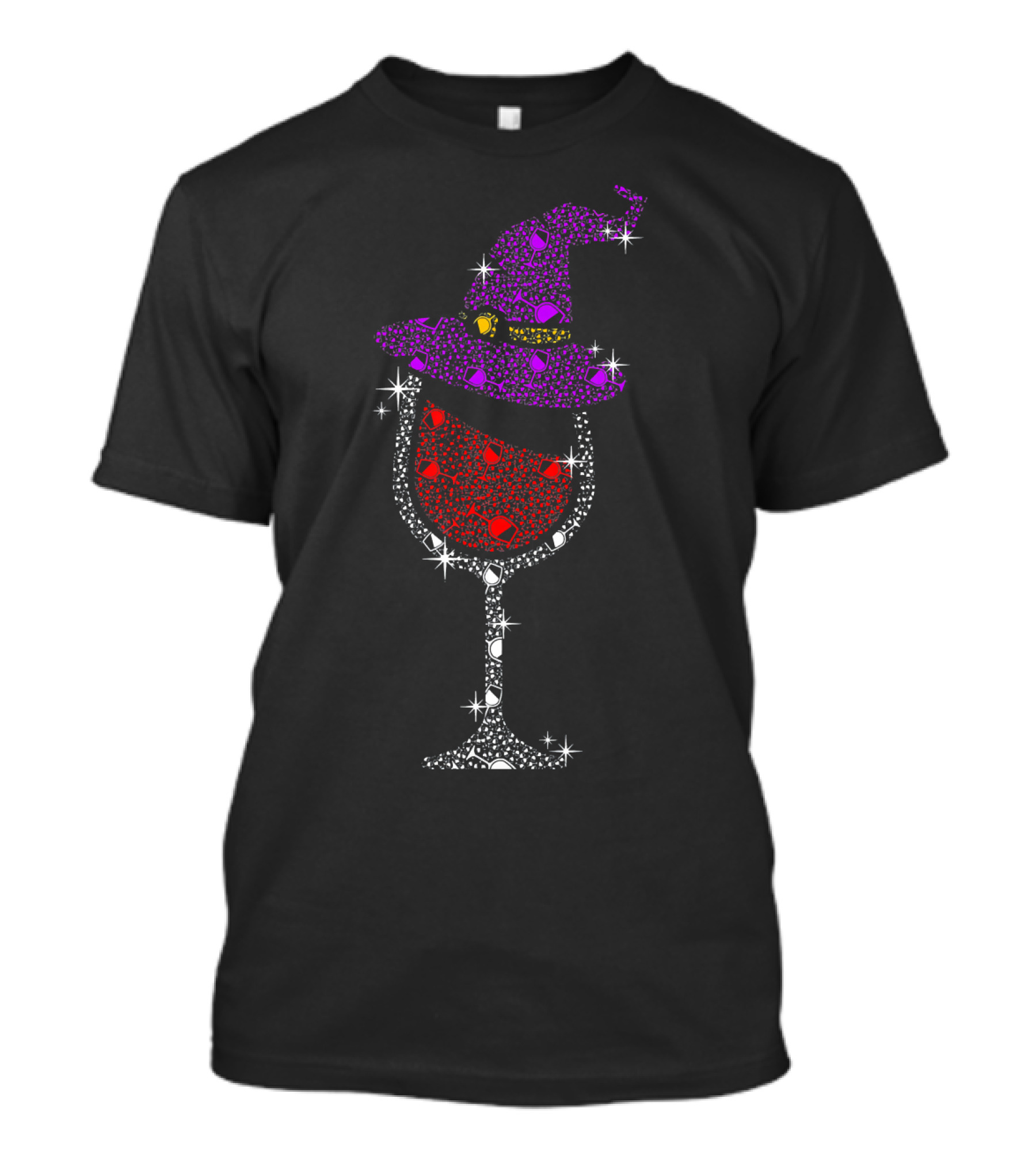 Sparkling Purple Witch Hat Red Wine Glass Halloween T-Shirt