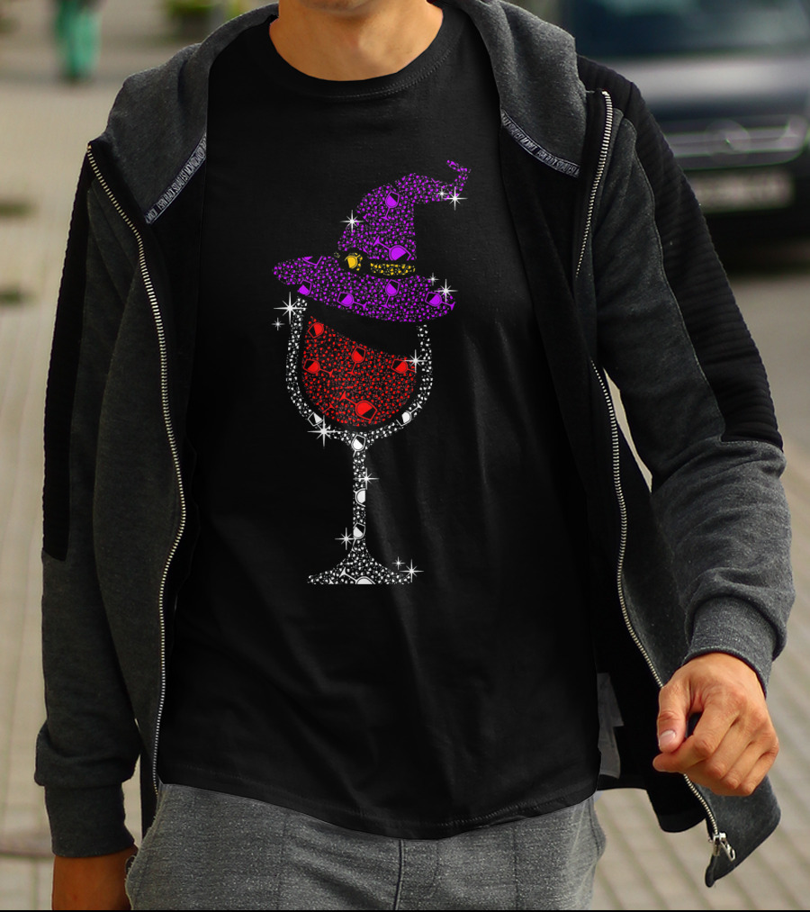 Sparkling Purple Witch Hat Red Wine Glass Halloween T-Shirt