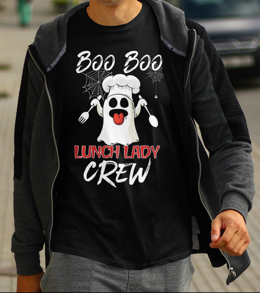 Boo Boo Lunch Lady Crew Funny Chef Ghost With Webs And Utensils T-Shirt