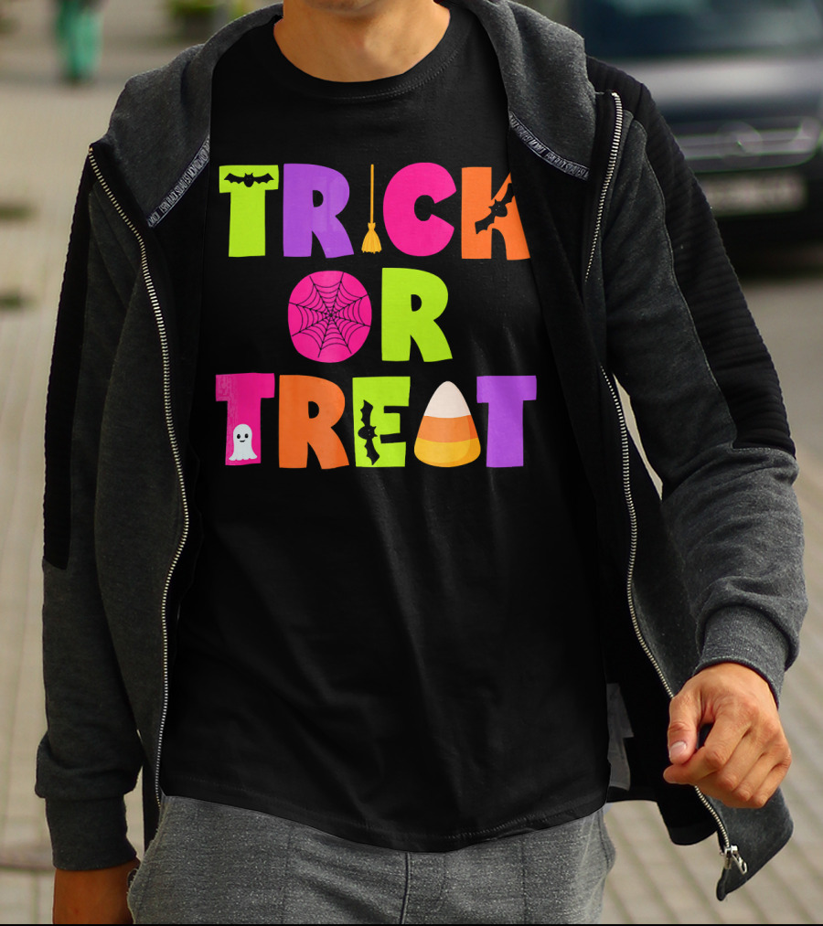 Trick Or Treat Bat Broom Spiderweb Ghost Candy Corn Halloween T-Shirt