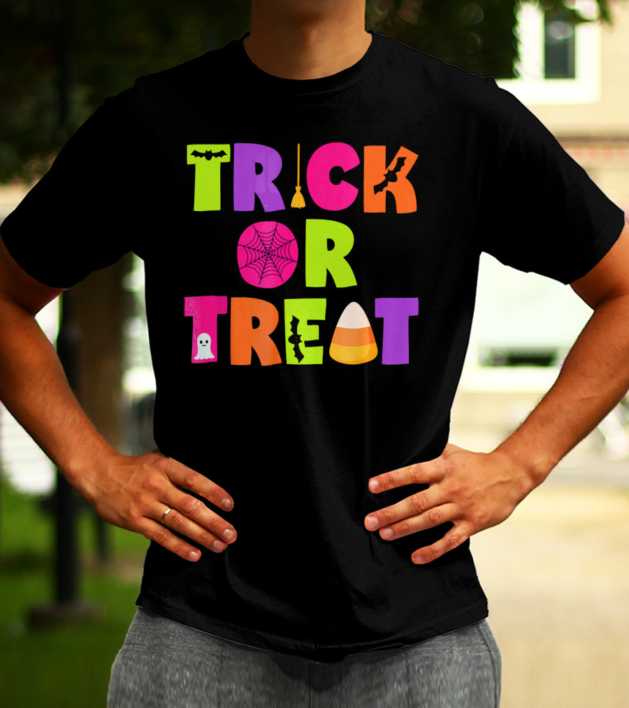 Trick Or Treat Bat Broom Spiderweb Ghost Candy Corn Halloween T-Shirt