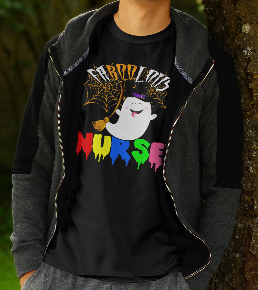 Faboolous Nurse Ghost With Witch Hat And Broom Halloween T-Shirt