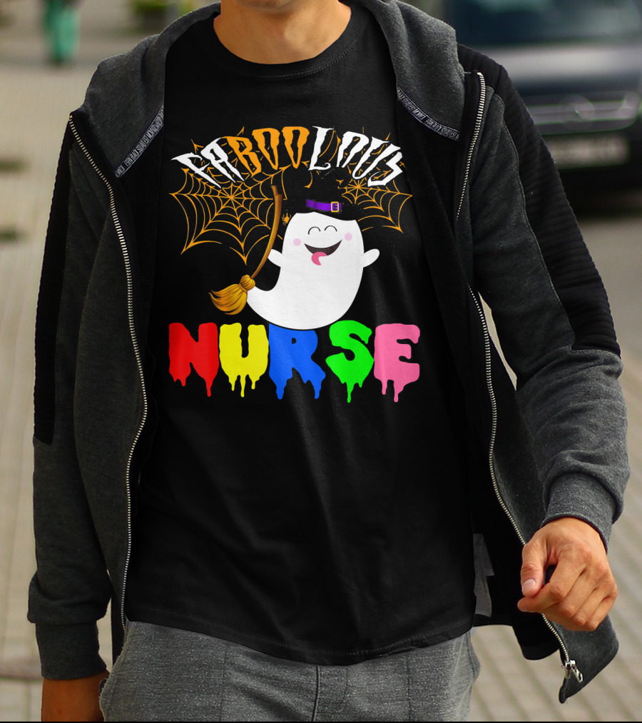 Faboolous Nurse Ghost With Witch Hat And Broom Halloween T-Shirt