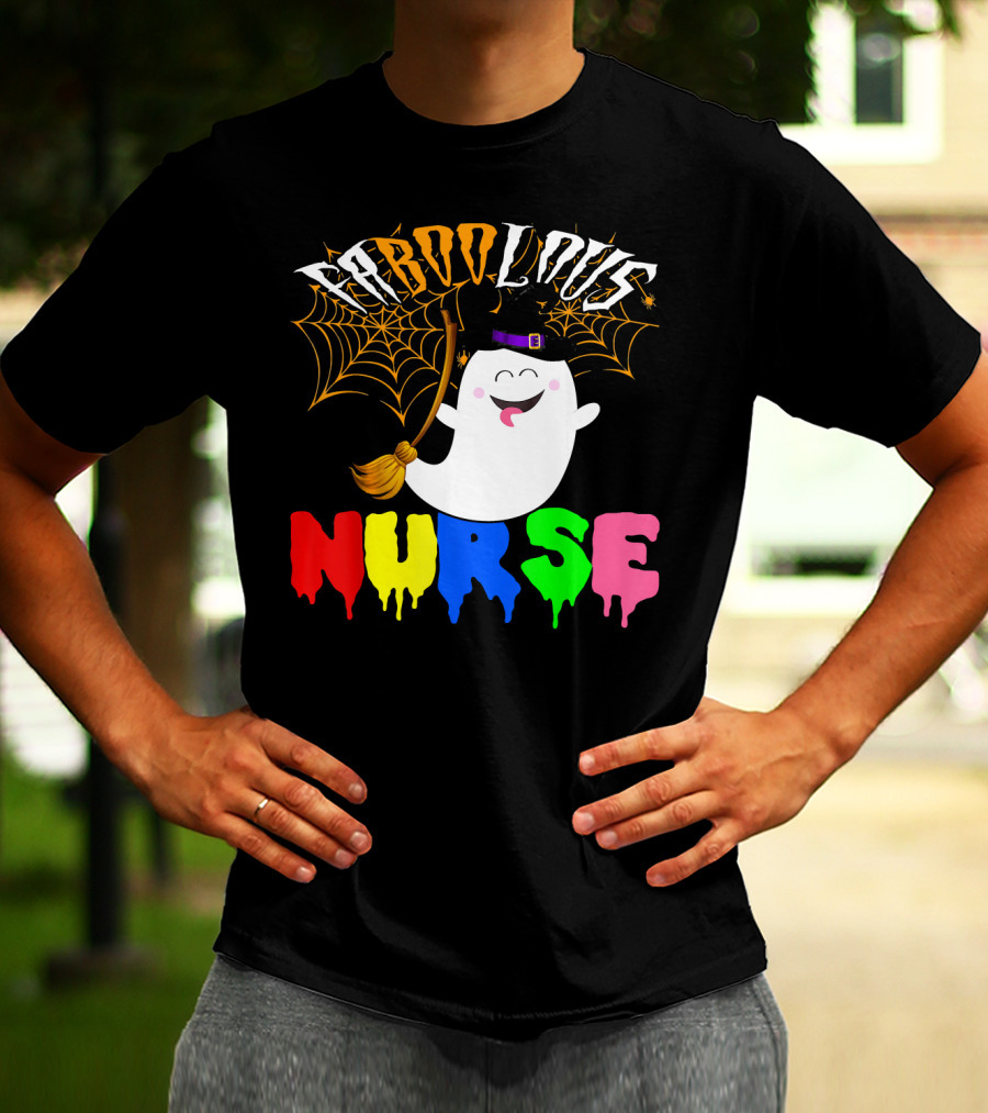 Faboolous Nurse Ghost With Witch Hat And Broom Halloween T-Shirt
