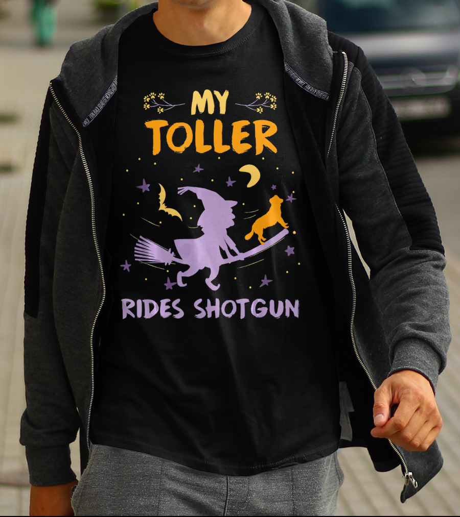 My Toller Rides Shotgun Halloween Witch And Dog Moon Stars T-Shirt