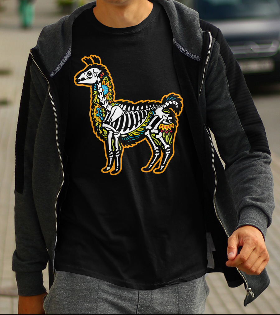 Colorful Dia De Los Muertos Llama Skeleton T-Shirt