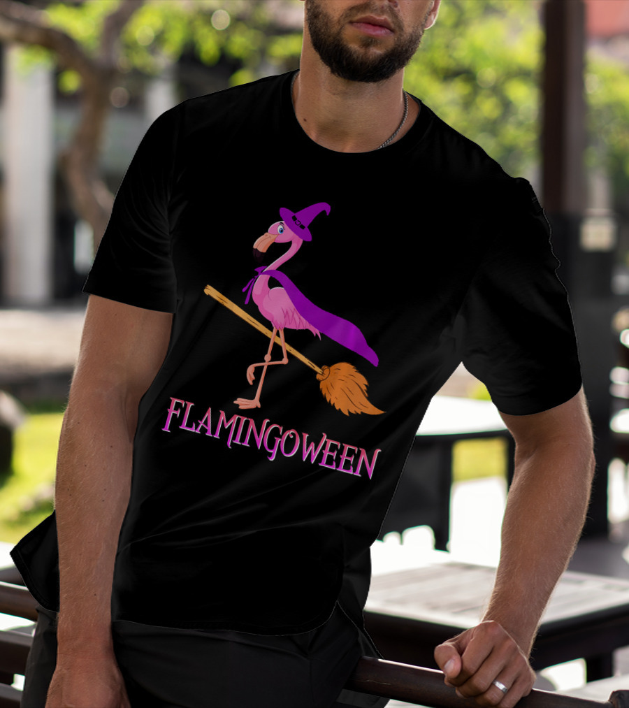 Flamingoween Witch Flamingo Riding Broomstick T-Shirt