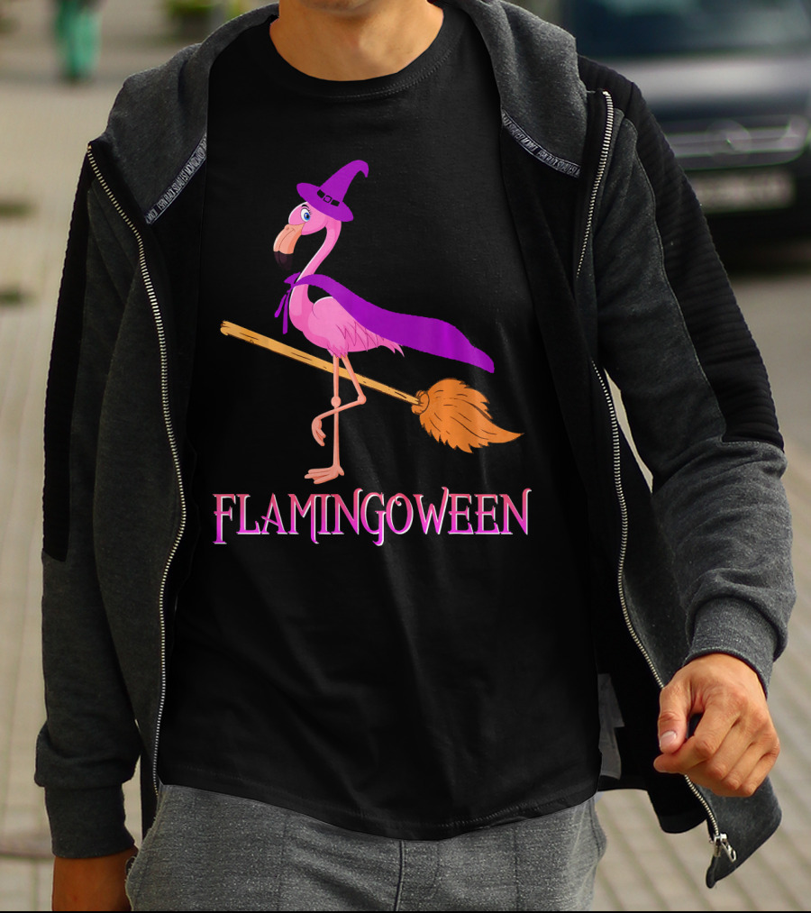 Flamingoween Witch Flamingo Riding Broomstick T-Shirt