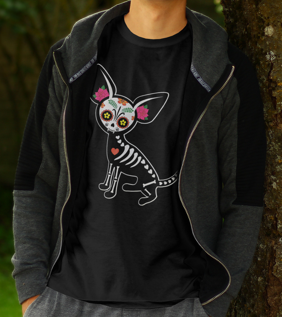 Day Of The Dead Chihuahua Skeleton Skull Flowers T-Shirt
