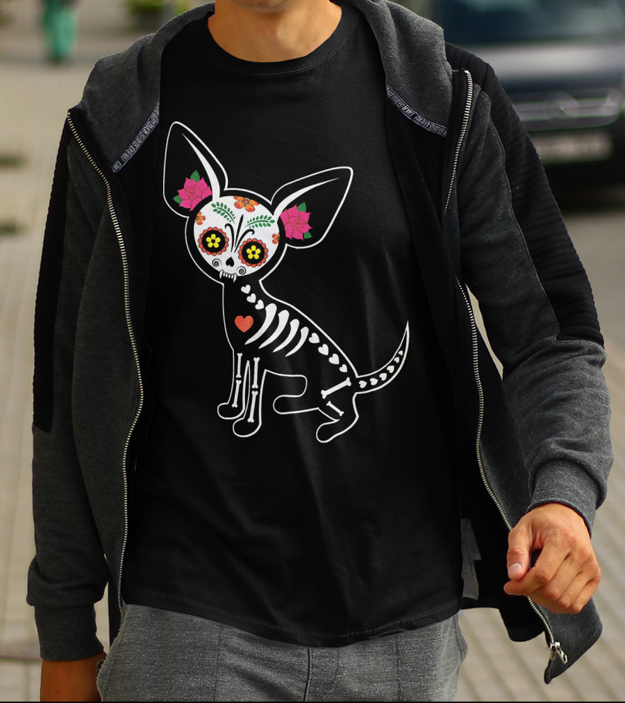 Day Of The Dead Chihuahua Skeleton Skull Flowers T-Shirt