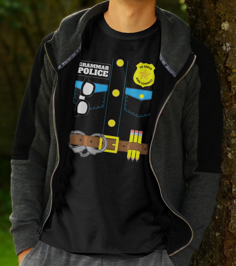 Grammar Police To Serve And Correct Badge And Belt With Handcuffs And Pencils T-Shirt