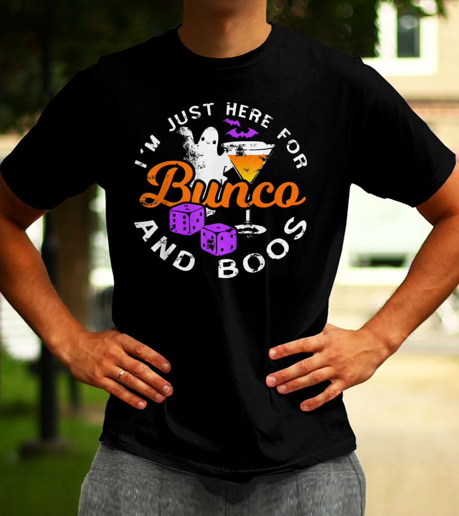 I'm Just Here For Bunco And Boos Ghost Bat Cocktail Dice T-Shirt