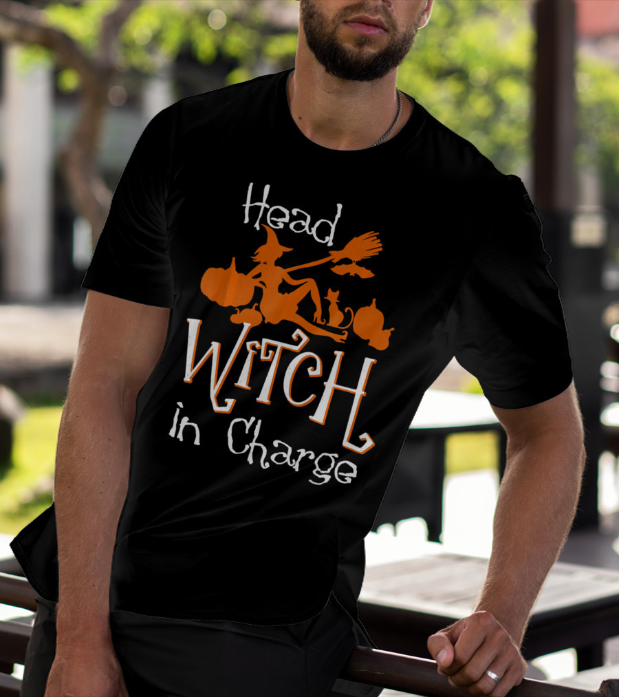 Head Witch In Charge Funny Halloween Pumpkins Broomstick Cat T-Shirt