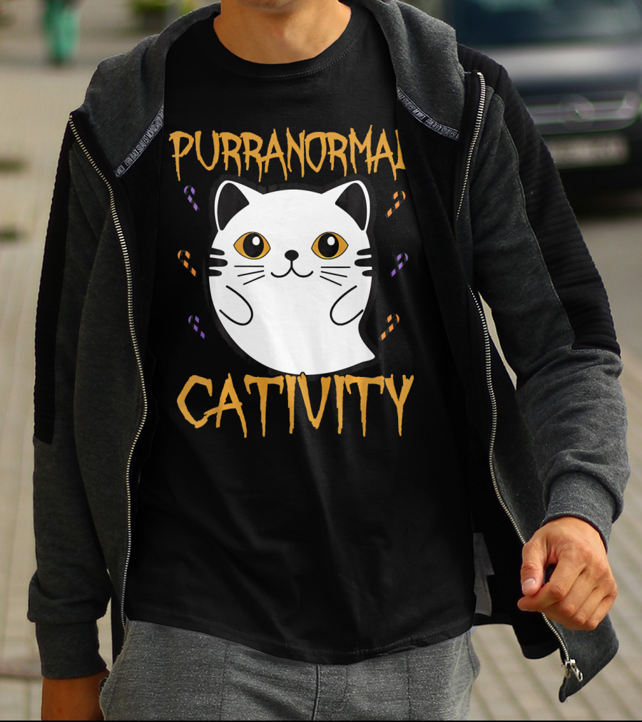 Purranormal Cativity Ghostly Cat Boo With Candy Corn T-Shirt