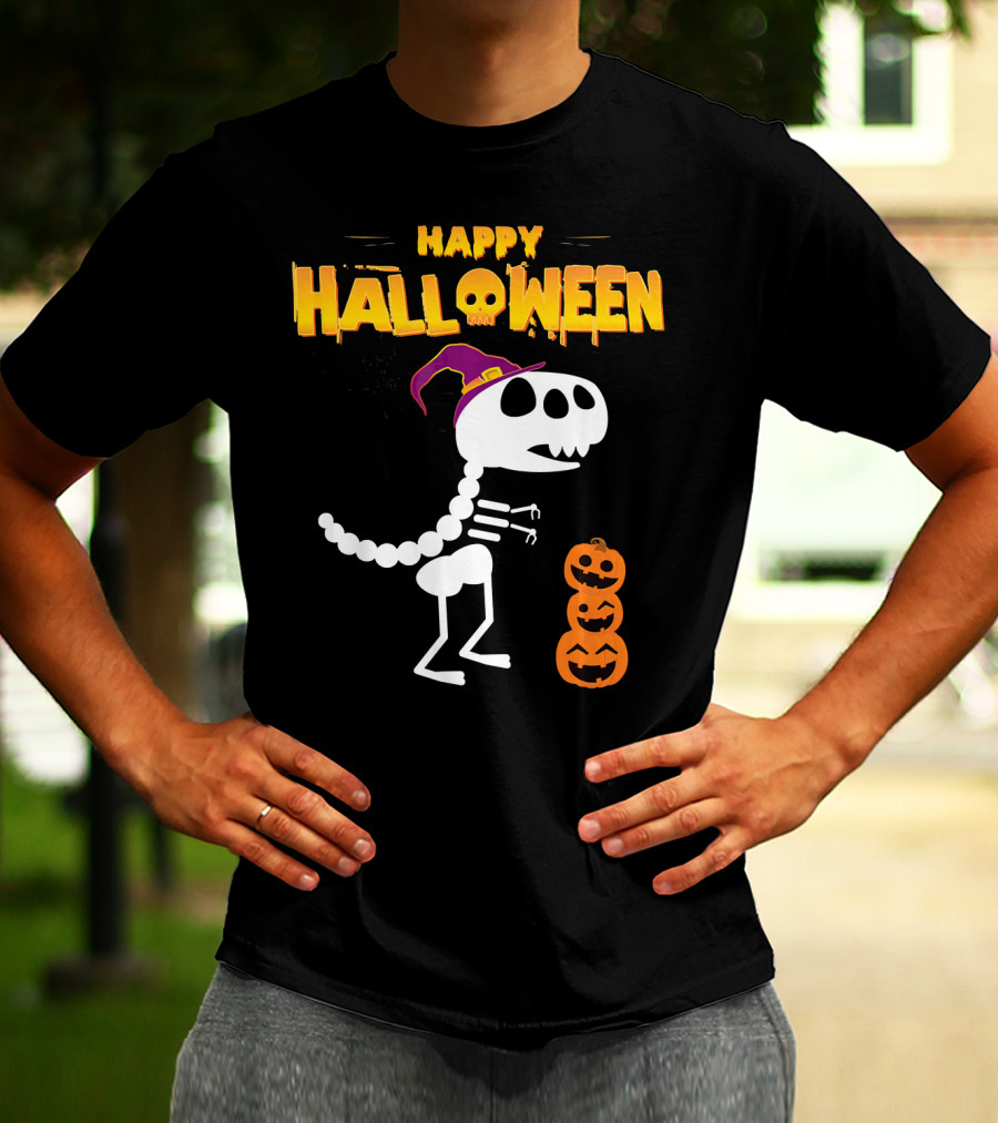 Happy Halloween Funny Rex Skeleton With Witch Hat And Pumpkins T-Shirt