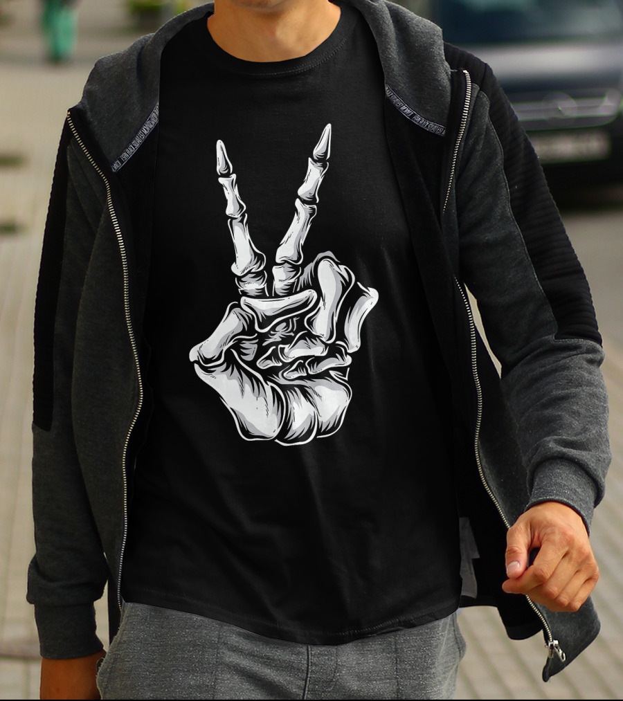 Skeleton Hand Peace Sign Halloween Night T-Shirt