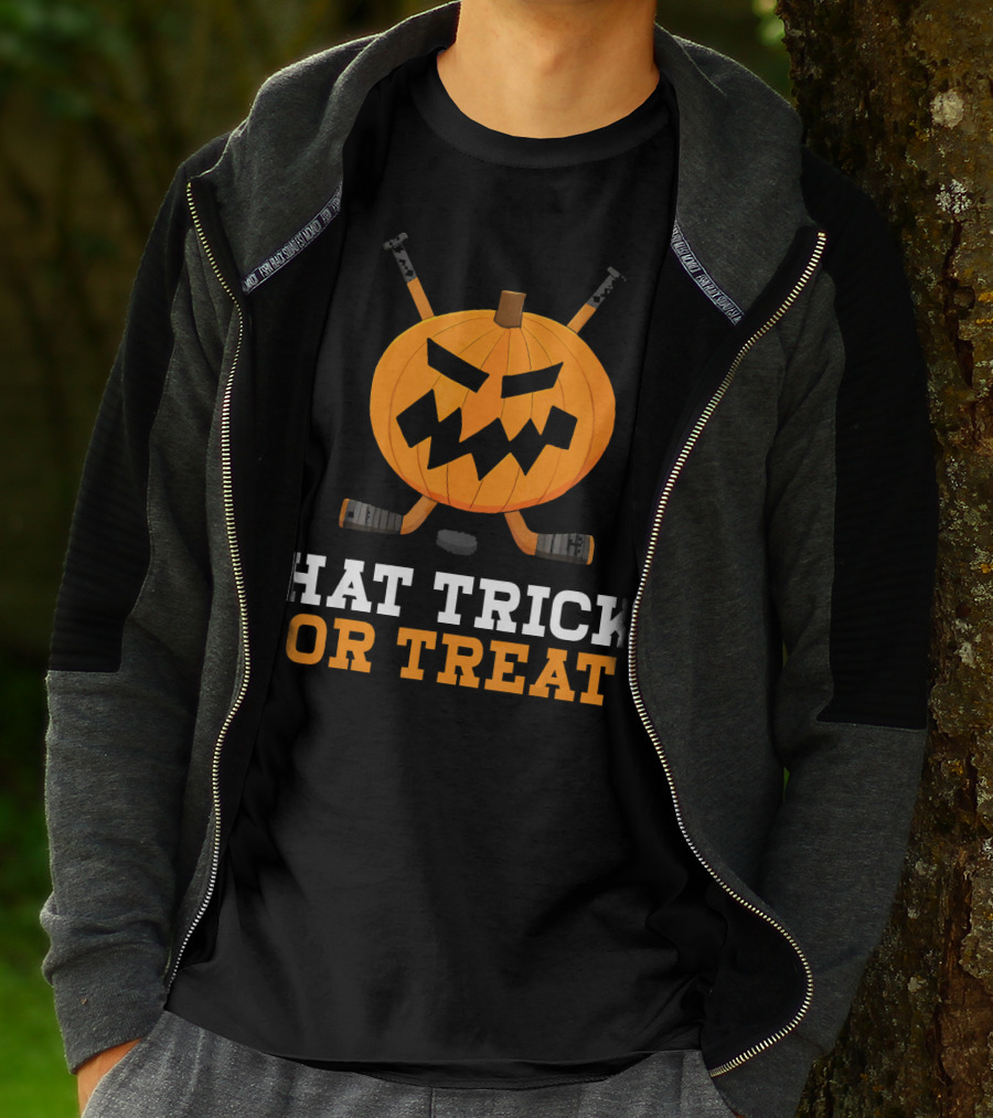 Hat Trick Or Treat Pumpkin Hockey Sticks Face T-Shirt