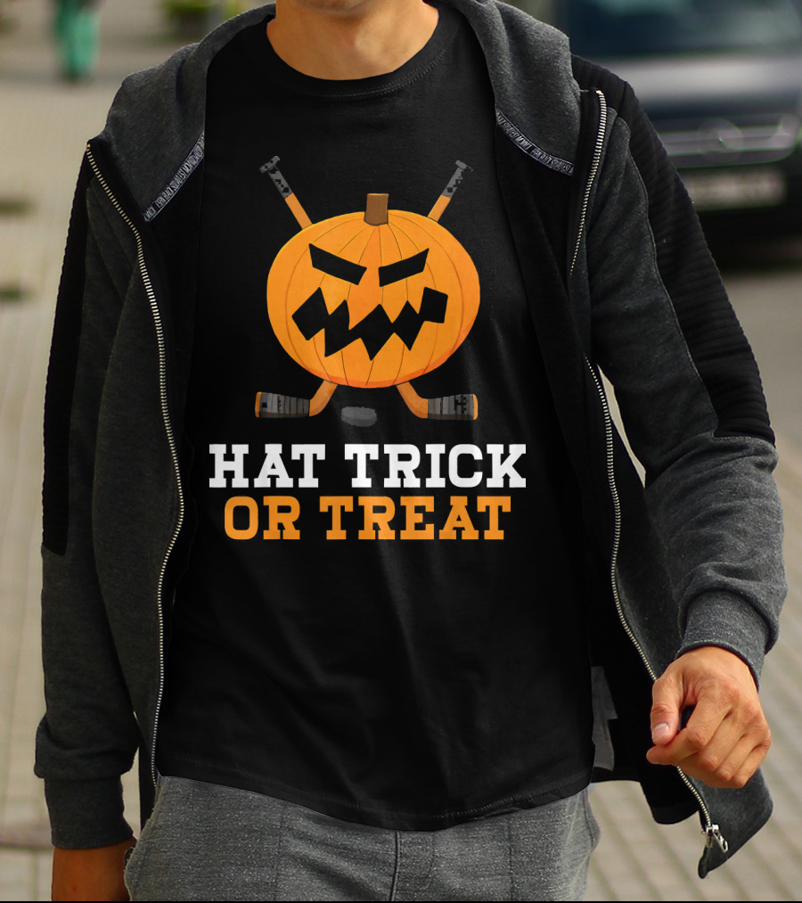 Hat Trick Or Treat Pumpkin Hockey Sticks Face T-Shirt