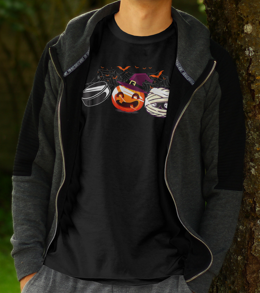 Hockey Puck Witch Pumpkin Mummy Halloween Bats Webs T-Shirt
