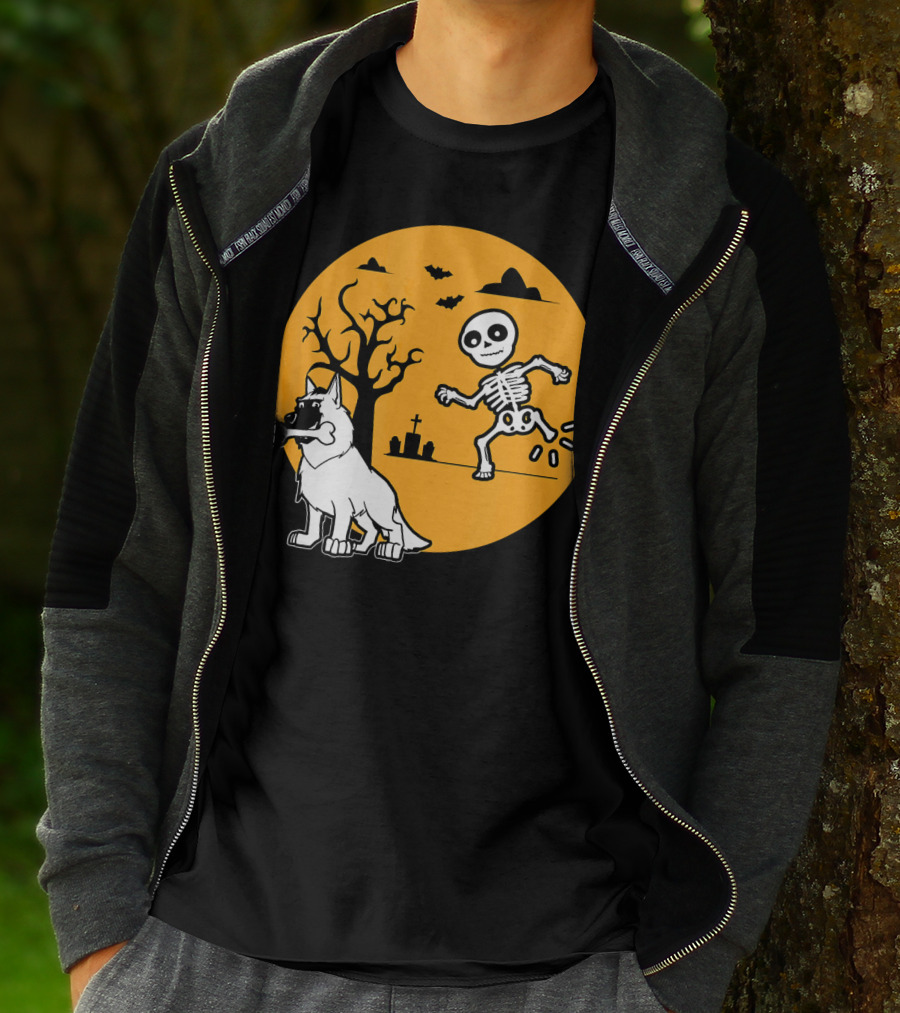 Belgian Malinois Skeleton Bone Halloween Moon Graveyard Scene T-Shirt
