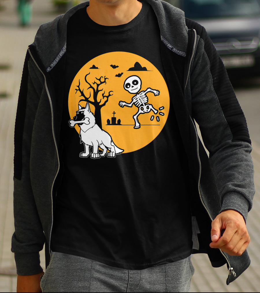 Belgian Malinois Skeleton Bone Halloween Moon Graveyard Scene T-Shirt