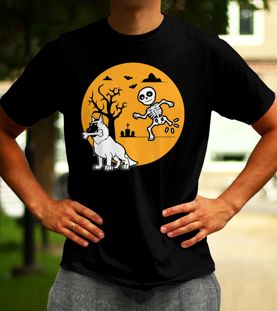 Belgian Malinois Skeleton Bone Halloween Moon Graveyard Scene T-Shirt