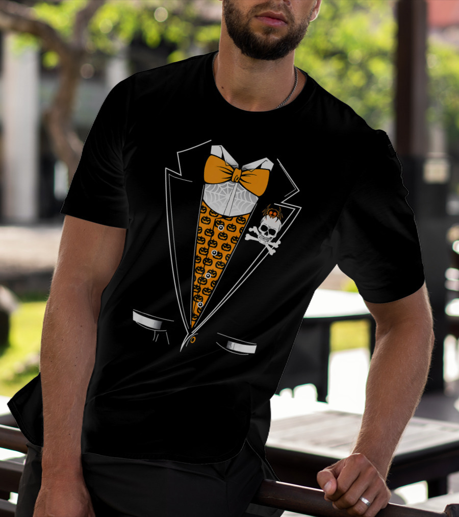 Halloween Tuxedo 3D Style Skull Pumpkin Spider Bowtie T-Shirt