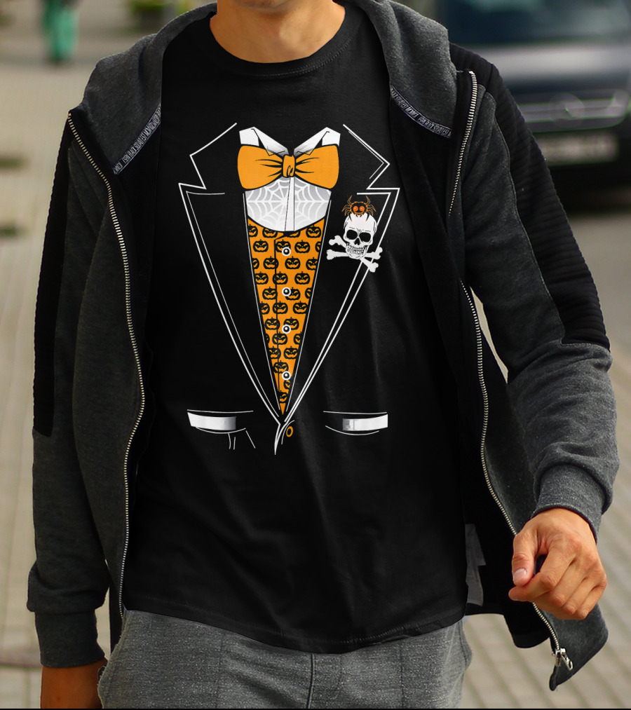 Halloween Tuxedo 3D Style Skull Pumpkin Spider Bowtie T-Shirt