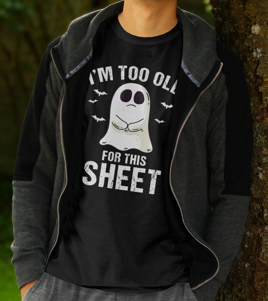 I'm Too Old For This Sheet Ghost Halloween Pun With Bat Icons T-Shirt