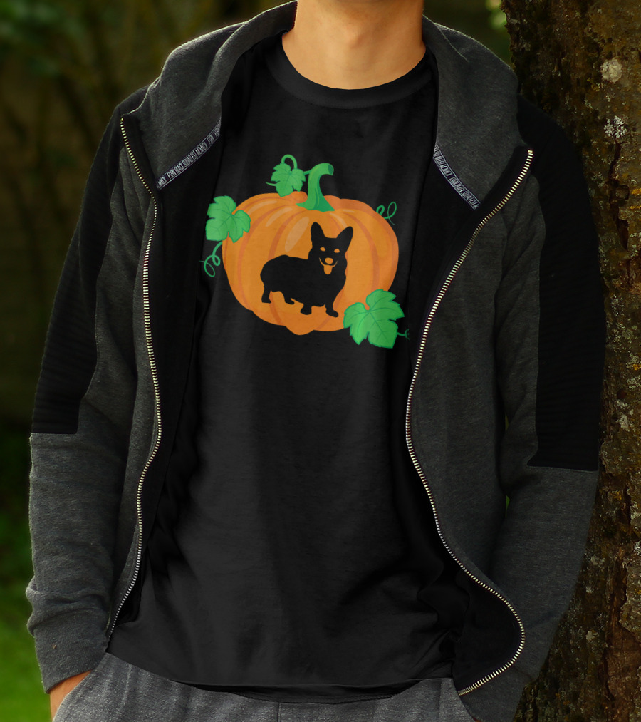 Corgi Dog Pumpkin Halloween Silhouette With Leaves T-Shirt